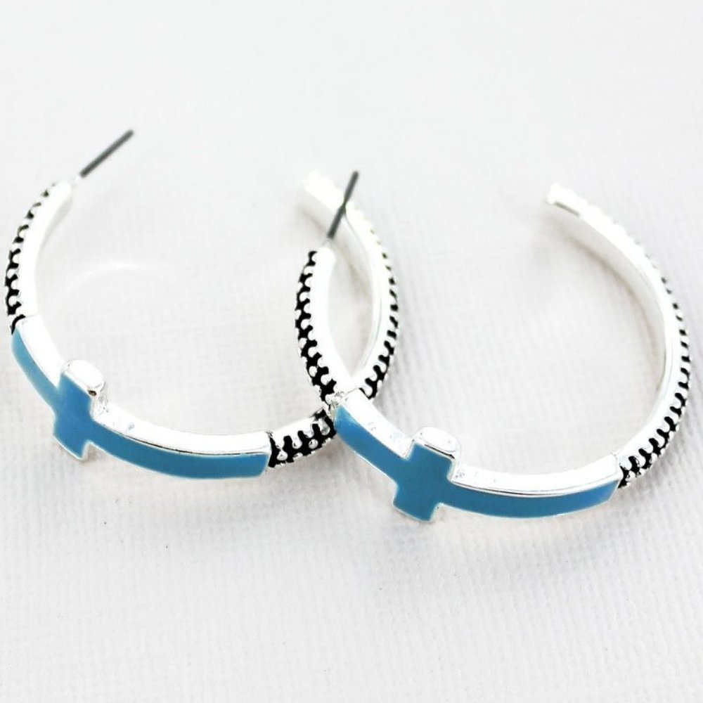 Silver & Turquois Cross Hoop Earrings